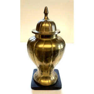 Vintage Solid Heavy Brass Ginger Jar Decorative Urn Stripe Pattern 70's Retro